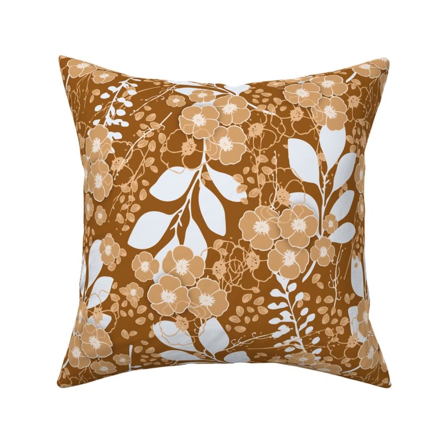 Neutral and sophisticated pattern with beige blooms, bright white leaves, and a warm, toasted brown background.