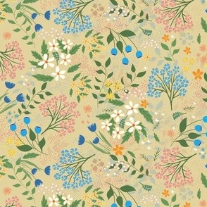 Scattered Pink, Blue and White  Florals with Greenery on Beige 12"