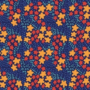 Red & Yellow Ditsy Flowers on Dark Blue Background