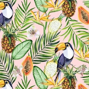 Tropical fruits, flowers, birds. Color #1