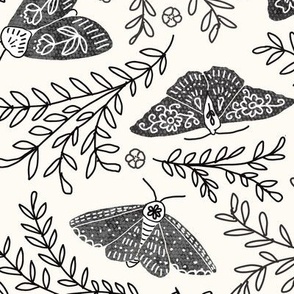 [large] Folk Moth & Butterfly Garden - Charcoal Black on Ivory White