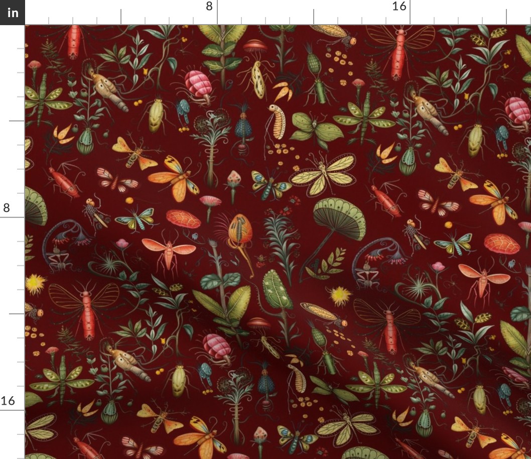 CREEPY-CRAWLY JUNGLE MINGLE - BRIGHT COLORS ON MERLOT, MEDIUM SCALE