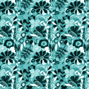small abstract painterly flowers turquoise blue green monotones