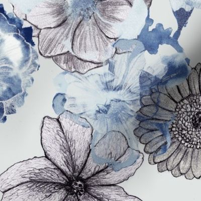 Naturalist Line drawn gray tones hand drawn Photoreal blue tones floral