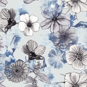 Naturalist Line drawn gray tones hand drawn Photoreal blue tones floral