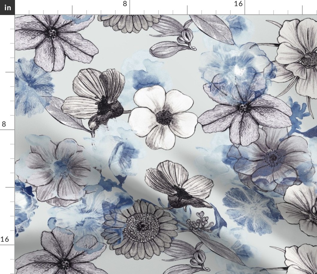 Naturalist Line drawn gray tones hand drawn Photoreal blue tones floral
