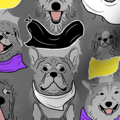 Large Dog pride in yellow and purple bandanas