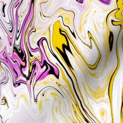 Perfectly harmonious marbled non directional swirls in white, grey, pale pink, jonquil yellow, purple, black  and cerise large 24” repeat