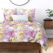 Perfectly harmonious marbled non directional swirls in white, grey, pale pink, jonquil yellow, purple, black  and cerise large 24” repeat