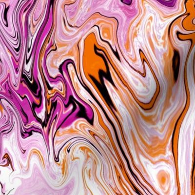 Perfectly harmonious marbled non directional swirls in, pale pink, jonquil yellow, purple, black, violet and cerise large 24” repeat