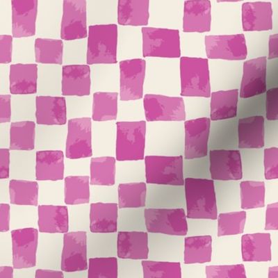 Hand Painted Watercolor Checkers in Hot Pink and Off White, 90s Checkerboard