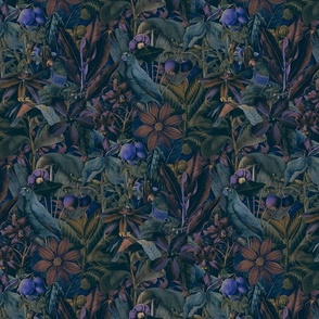 Tropical Serenade Opulent Jungle Flora With Tropical Birds Teal Blue Smaller Scale