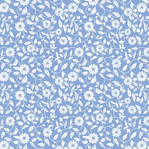 white flowers in a cornflower blue background - small scale