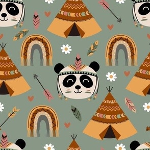 tribal panda, rainbow and tent on a green background