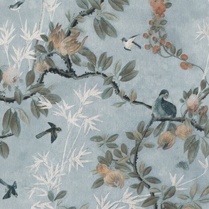 CHATEAU CHINOISERIE ON LIGHT VINTAGE ROBIN'S EGG BLUE WITH WOVEN TEXTURE