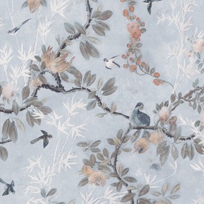 CHATEAU CHINOISERIE ON FADED ROBIN'S EGG BLUE WITH WOVEN TEXTURE