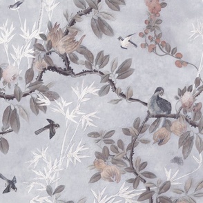 CHATEAU CHINOISERIE ON FADED GRAYISH BLUE WITH LIGHT TEXTURE