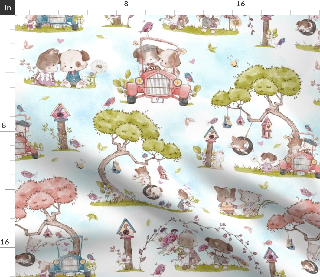  Best Friends Pup + Kitty Fabric / Playful Pets, blue sky, 18" repeat