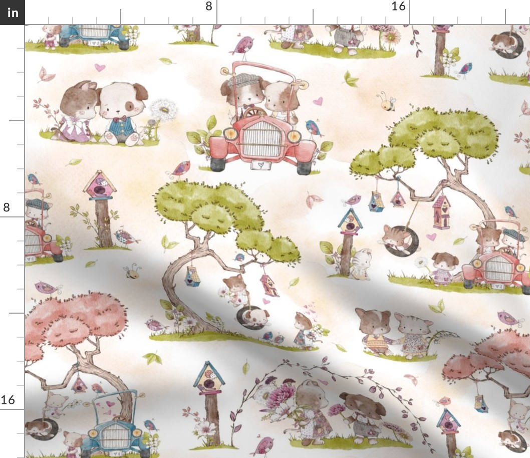 Best Friends Pup + Kitty Fabric / Playful Pets, golden sky, 18" repeat