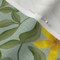 Yellow Starflower Vines on Sage Green Linen look