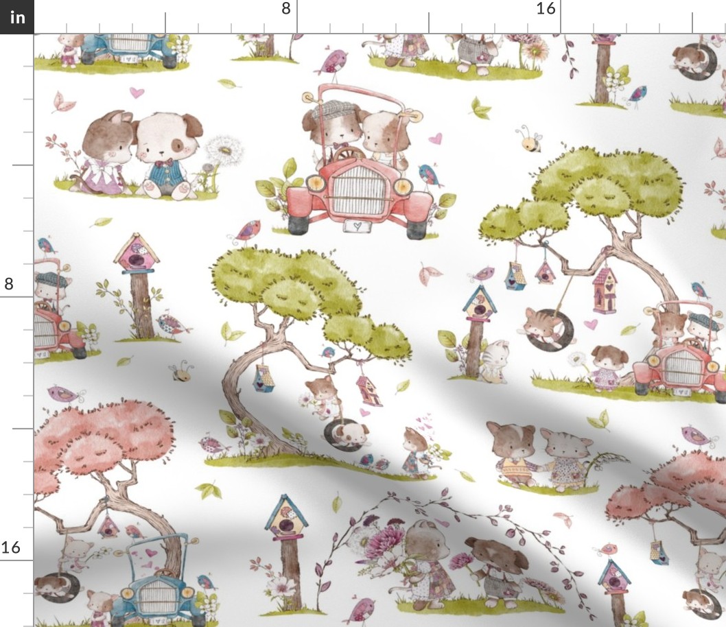 Best Friends Pup + Kitty Fabric / Playful Pets, 18" repeat