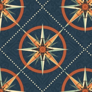 Nautical Compass Pattern with  wind rose on intricately patterned background - medium scale