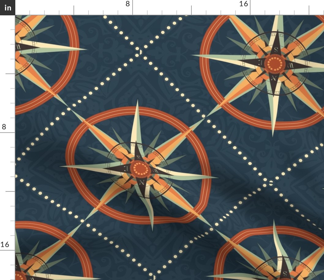 Nautical Compass Pattern with  wind rose on intricately patterned background - medium scale