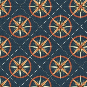 Nautical Compass Pattern with  wind rose on intricately patterned background - small scale