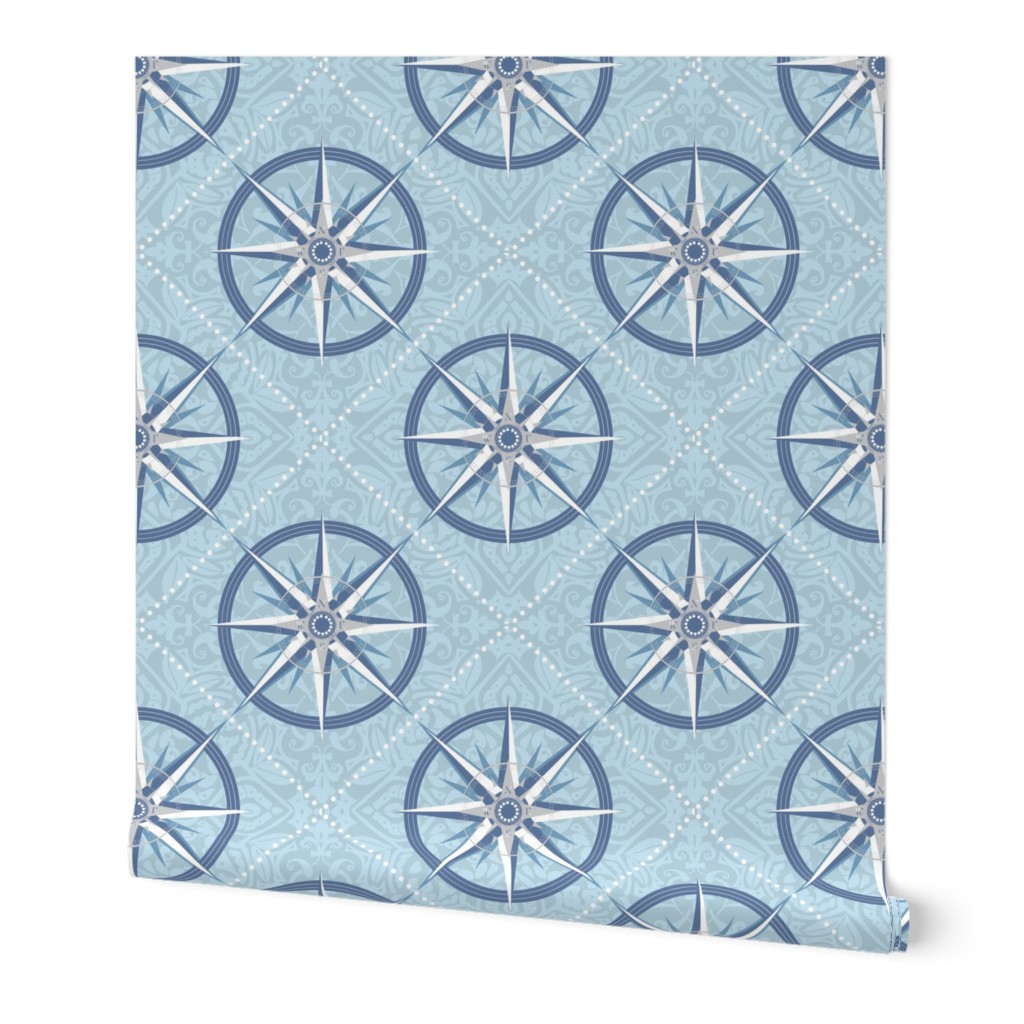 Nautical Compass Pattern with  wind rose on intricately patterned background - medium scale