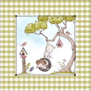 18” Puppy & Kitten on Tire Swing Pillow Front with dotted cutting lines, Playful Pals Bedding, Pillow B / blue sky, green gingham