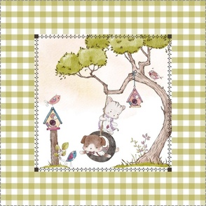 18” Puppy & Kitten on Tire Swing Pillow Front with dotted cutting lines, Playful Pals Bedding, Pillow B / golden sky, green gingham