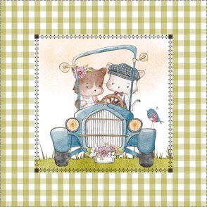 18” Vintage Cats in Car Pillow Front with dotted cutting lines, Playful Pals Bedding, Pillow C / golden sky, green gingham