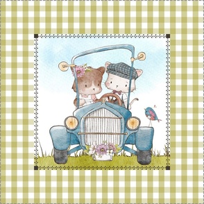 18” Vintage Cats in Car Pillow Front with dotted cutting lines, Playful Pals Bedding, Pillow C / blue sky, green gingham