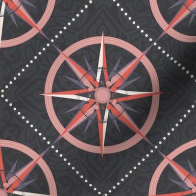 Nautical Compass Pattern with  wind rose on intricately patterned background - small scale