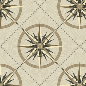 Nautical Compass Pattern with  wind rose on intricately patterned background - medium scale