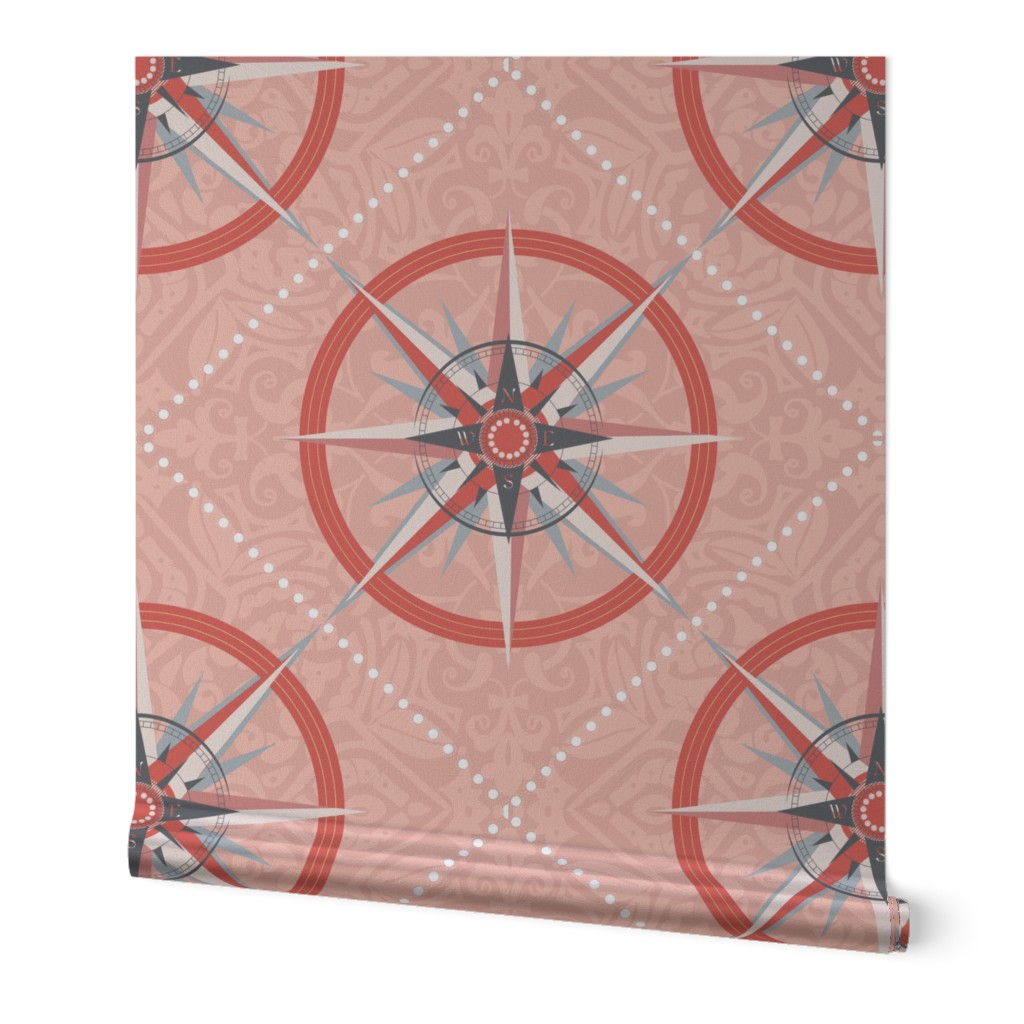 Nautical Compass Pattern with  wind rose on intricately patterned background - large scale