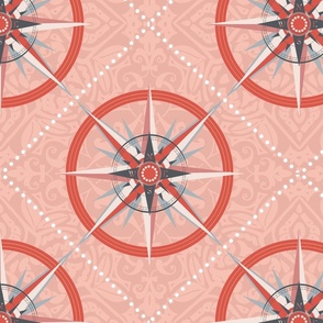 Nautical Compass Pattern with  wind rose on intricately patterned background - medium scale