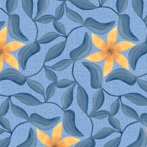 Pale Peach Colored Starflower Vines with Blue Gray leaves on Blue Linen look