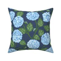 Blue Climbing Hydrangeas on Navy with Butterfly - 18”