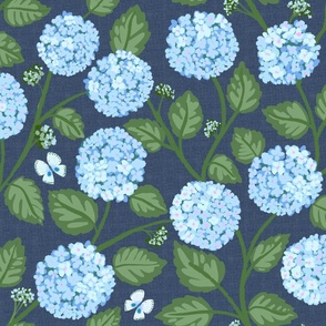 Blue Climbing Hydrangeas on Navy with Butterfly - 18”
