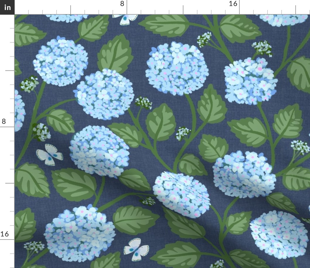 Blue Climbing Hydrangeas on Navy with Butterfly - 18”