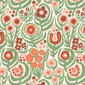 Folk Floral in Coral and Green – Large Scale