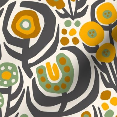 Folk Floral in Yellow and Gray – Large Scale