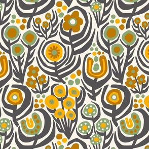 Folk Floral in Yellow and Gray – Large Scale