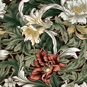 Victorian Acanthus - Red/Cream on Black Wallpaper 