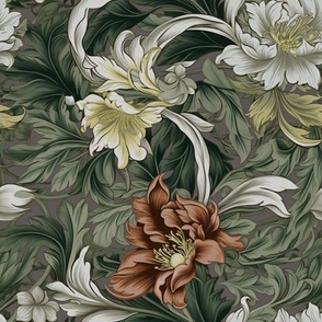 Victorian Acanthus - Soft Red/Green on Gray Wallpaper 