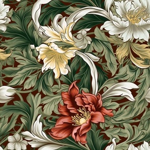  Victorian Acanthus – Red/Green on Brick Red Wallpaper 