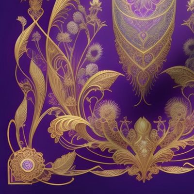 Queen of purple and gold, purple gold Damask, luxurious golden design, vintage gold decor, futuristic vintage design, vintage style, redesigned, elegant decor, timeless style, luxury style, floral golden, beautiful intricate, opulent gold Damask, antique 