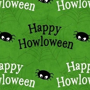 Happy Howloween on Green Background with Spiders