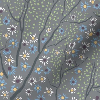 Woodland Skyline Mirage - Steel Gray background with dark tree branches and multicolored Calico Aster Flowers - Medium scale